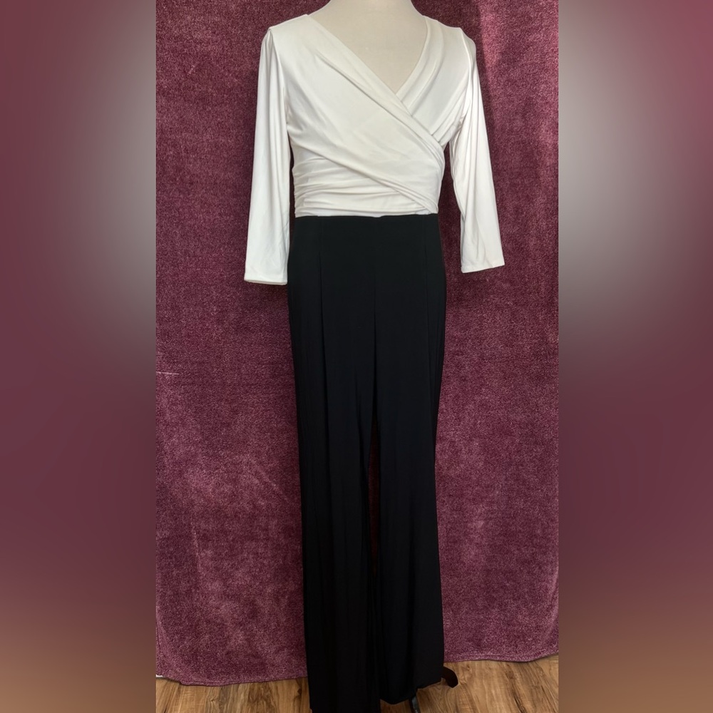 VTG  Lauren Ralph Lauren Jumpsuit Ivory Wrap Top and Black Wide-Leg Pants Sz 12